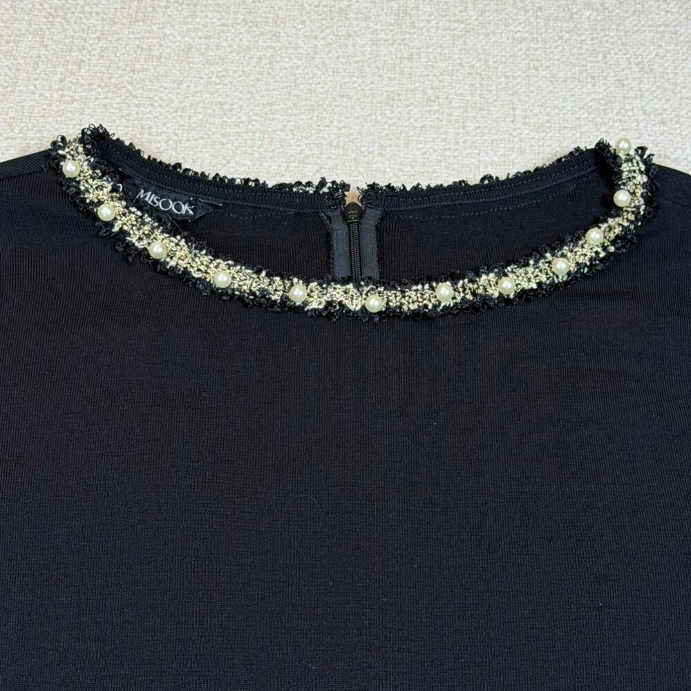 NWT Misook Women's Small Black Pearl Trim Dress 3/4 Sleeve Knit Career Elegant - Picture 8 of 11